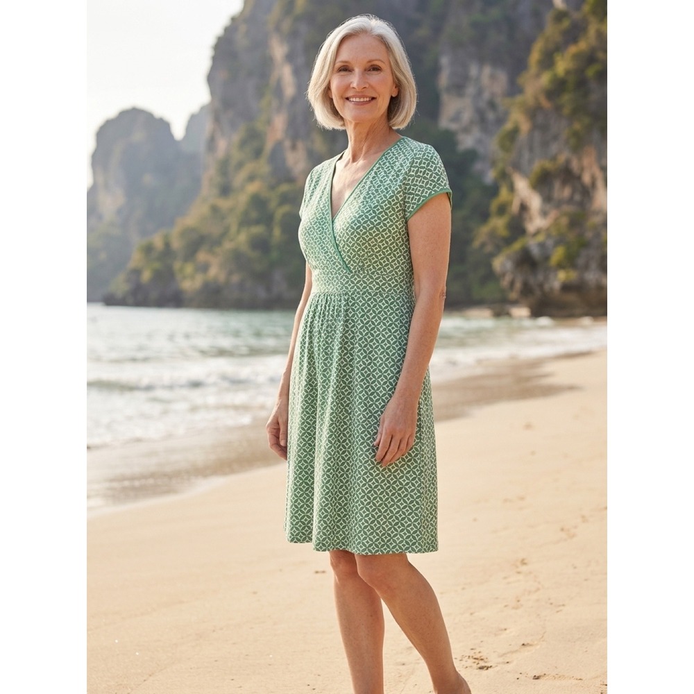 Boden Lola Green Geometric Print Faux Wrap Jersey Dress V-Neck Cap Sleeve US 12R